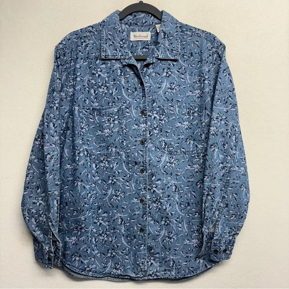 Westbound Button Down Shirt Blouse Chambray Blue Floral S Western Denim - Picture 1 of 7